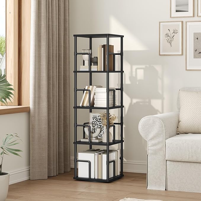 MAHANCRIS 4-Tier Rotating Bookshelf, Freestanding Corner Bookshelf, 360°