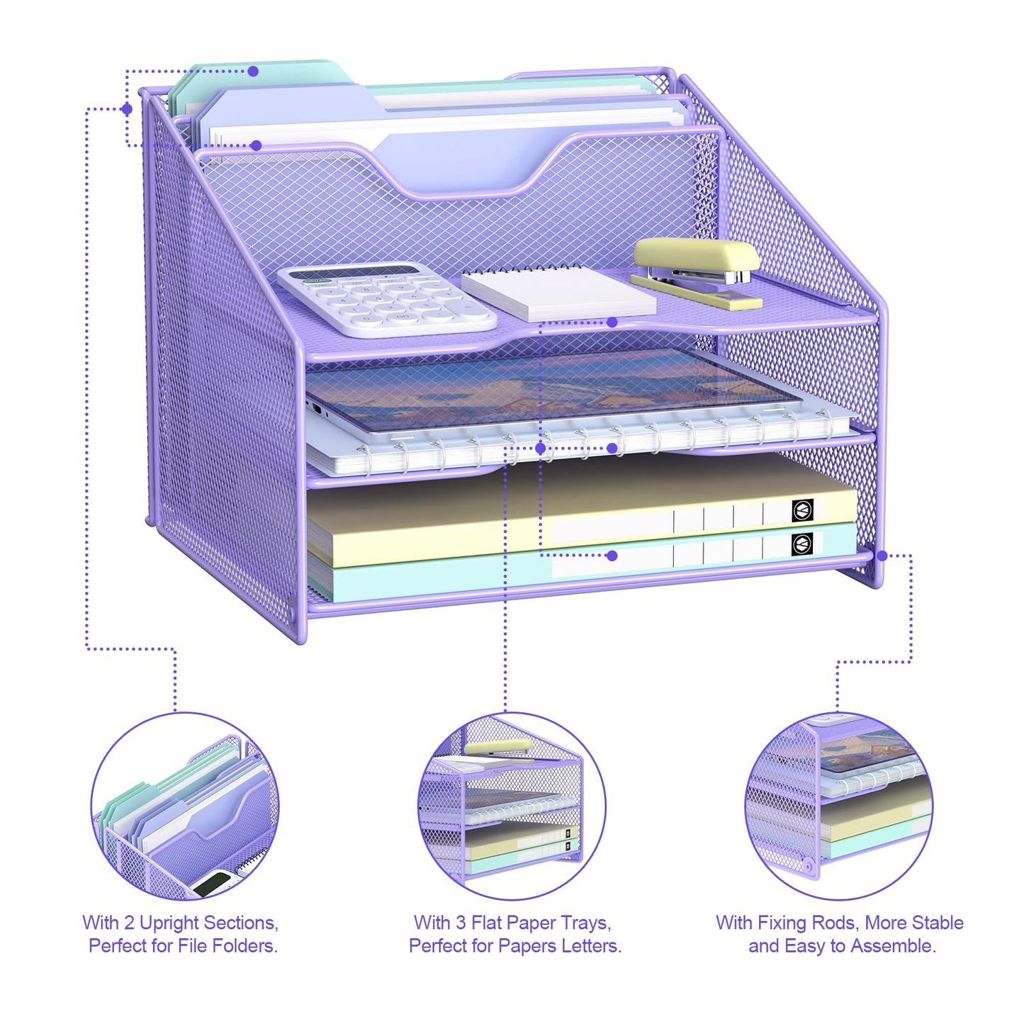 Samstar Purple Desk File Organizer, Mesh Letter File Folder Holder with 3 Paper Trays and 2 Vertical Upright Section, for Office Supplies, Desk Accessories & Workspace, Purple