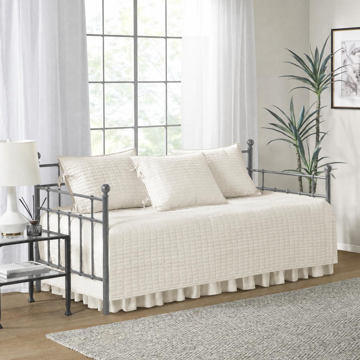 Comfort Spaces Daybed Cover - Luxe Double Sided-Quilting, All Season Cozy Bedding with Bedskirt, Matching Shams, Kienna Ivory 75"x39" 5 Piece