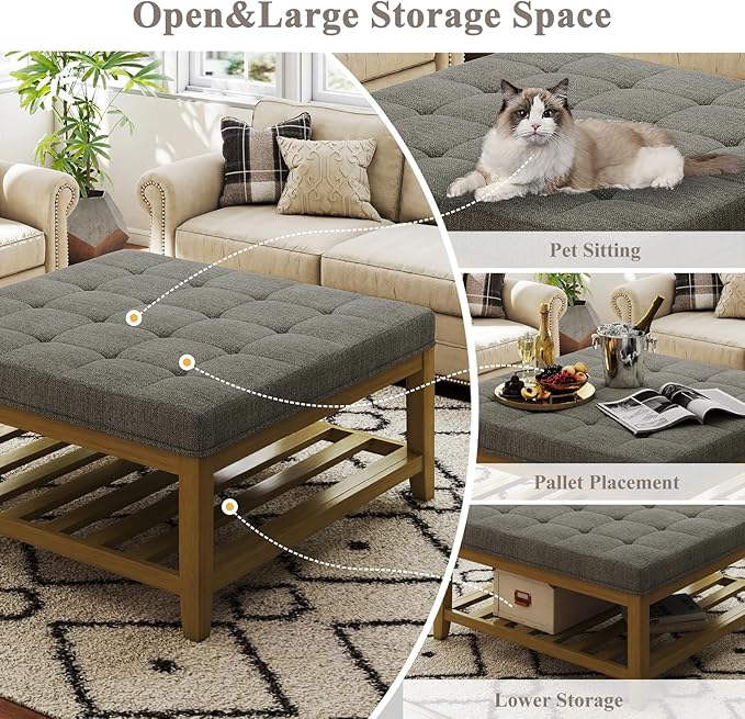 Befurtori Large Square Ottoman Coffee Table, Linen Solid Upholstered Footrest