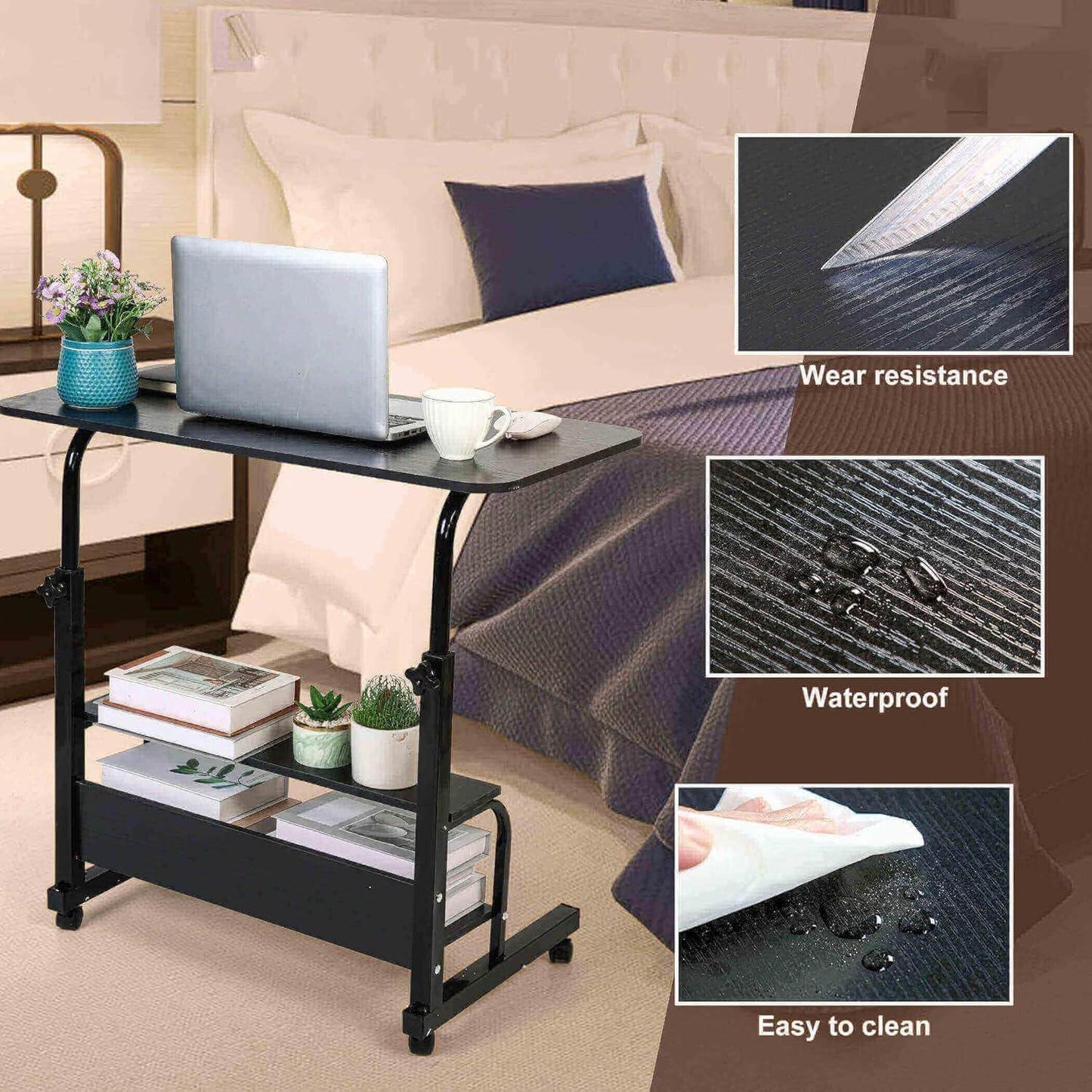Adjustable Height Mobile Computer Desk for Small Space Rolling Table with Wheels Desk Home Office Study Desk Portable for Bedrooms Work Size 31.5x15.7 Inch Black with Storage Gaming Table B