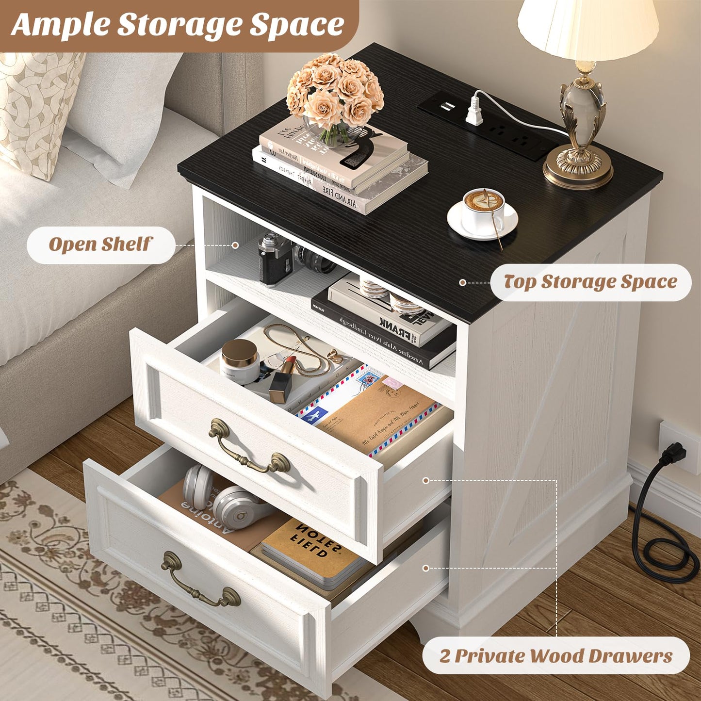 Unikito Farmhouse Nightstand with Charging Station, Bedside Table with 2 Large Drawers & Vintage Handles, Side Table with Open Storage for Bedroom (Antique White)