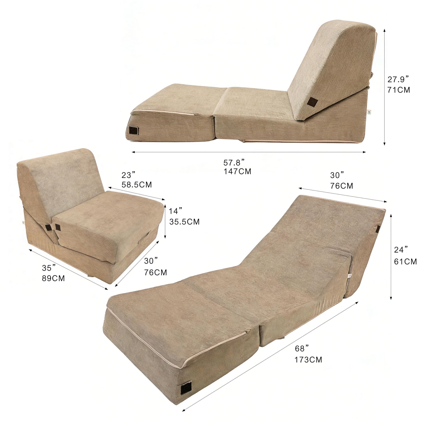 jela Luxury Corduroy Indoor Chaise Lounge, Foldable Sofa Bed Chair with Soft Foam & Machine Washable Cover (Corduroy Sand)