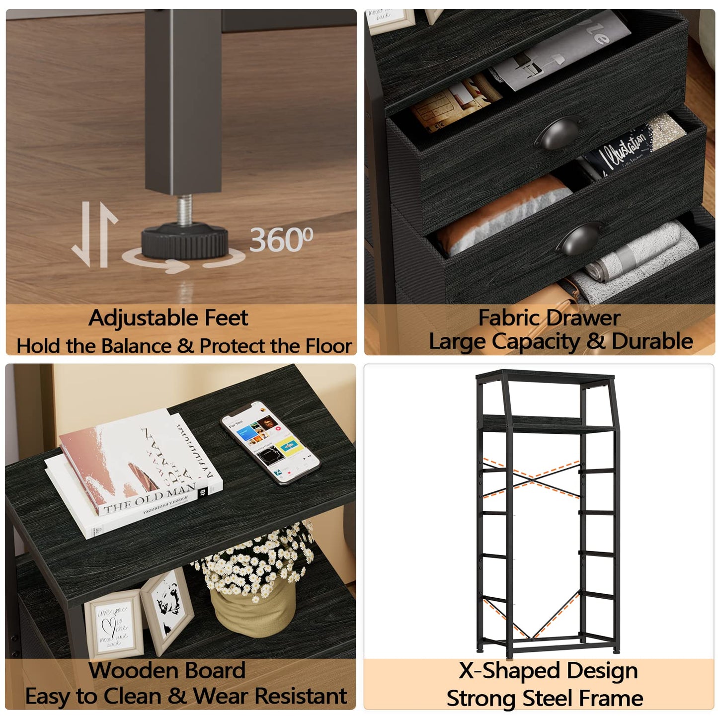 Furnulem Black Dresser with 5 Drawers, Vertical Storage Tower Fabric Dresser for Bedroom, Hallway, Entryway, Nursery, Closet Organizer, Nightstand Bedside Table Furniture, Sturdy Steel Frame, Wood Top