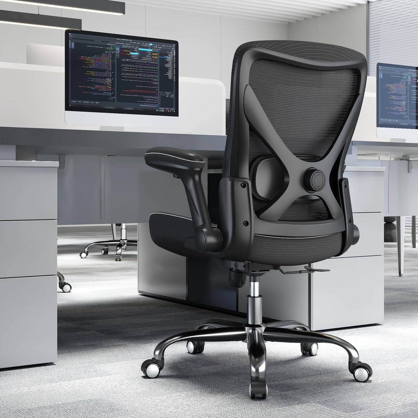 Ergalithic Office Home Ergonomic Desk Chair-Computer X-Shaped Chair Mesh PU Leather with Adjustable Lumbar Support-Executive Chair High Back Flip-Up Arms for Long Hours (Black-No Headrest)