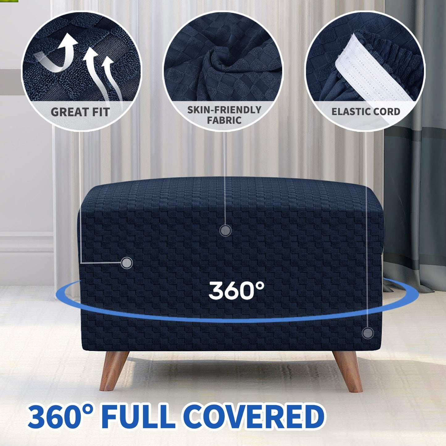 MAXIJIN Jacquard Ottoman Cover Slipcovers Folding Storage Stool Furniture Protector Cover Soft Thick Rectangle Foot Rest Slipcover with Elastic Bottom (Ottoman X-Large, Navy Blue)