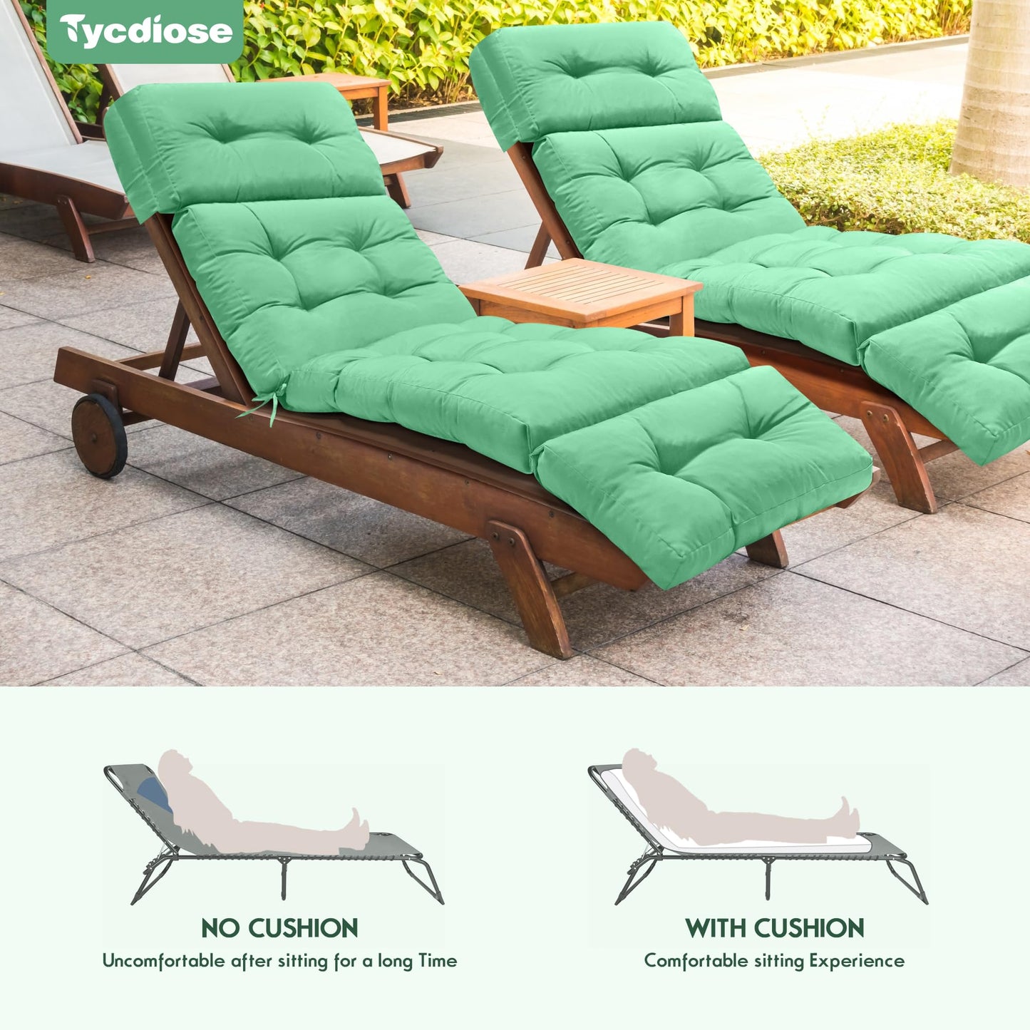 Tycdiose Outdoor Chaise Lounge Chair Cushion Waterproof 74.4 x 22 x 4.7 Inches Memory Foam Lounge Chair Cushions Replacement for Outdoor Furniture with Ties, Thickened Pool Lounge Chair Cushion, Cyan