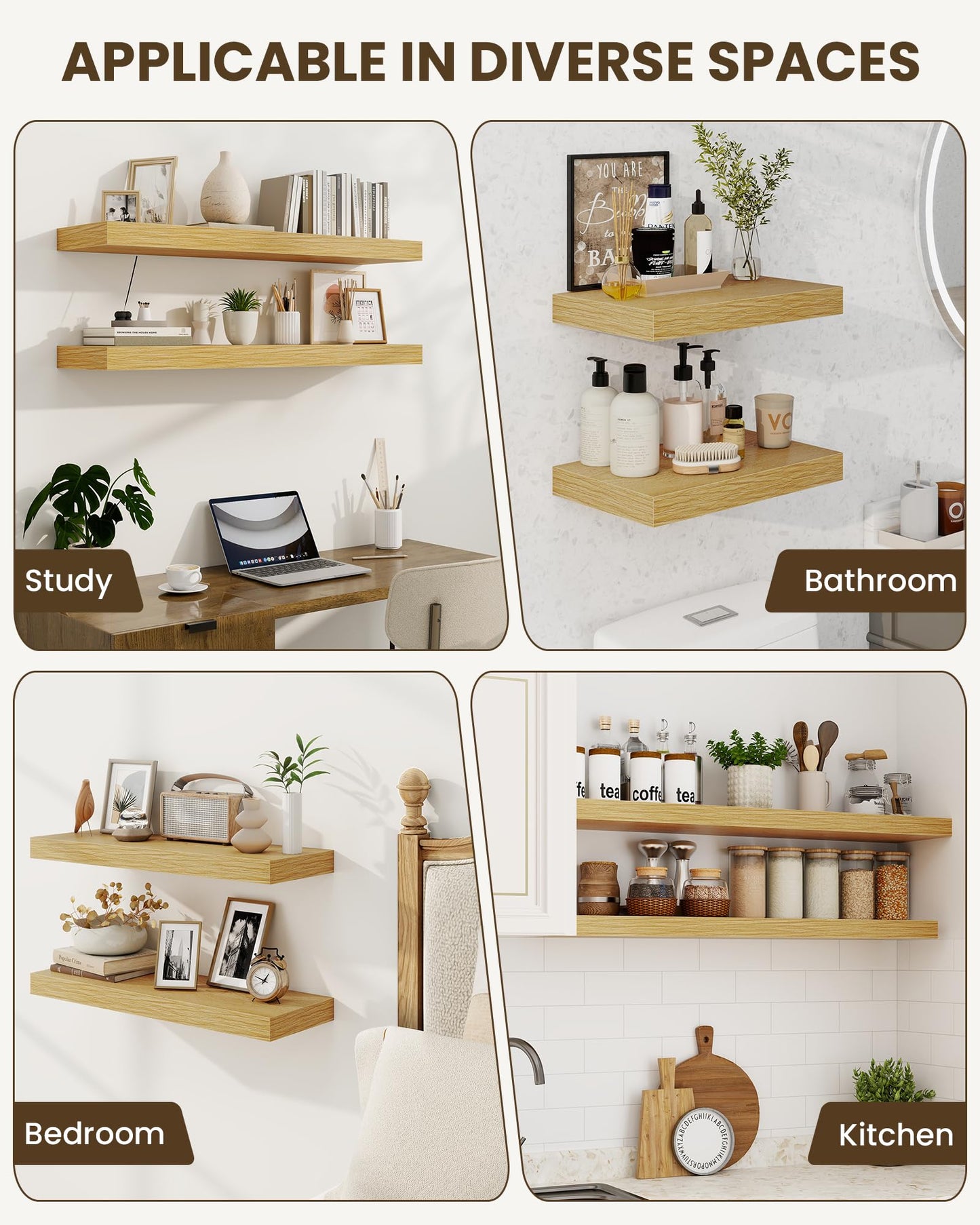 Marsmiles 16" Floating Shelves for Wall, Wooden Shelves with Invisible Brackets Set of 2, Rustic Farmhouse Wall Mounted Shelf for Kitchen Bathroom Living Room Study, Natural Oak