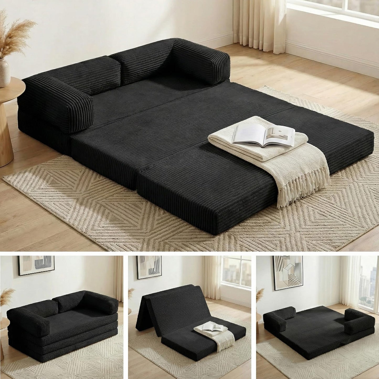 NLDD Convertible Sofa Bed King,5-in-1 Folding Boneless Couch Corduroy Futon Sofa Bed,Tri-Fold Mattress with Removable Armrests & Handle,Sleeper with Pull Out Bed for Small Space Living Room Bedroom