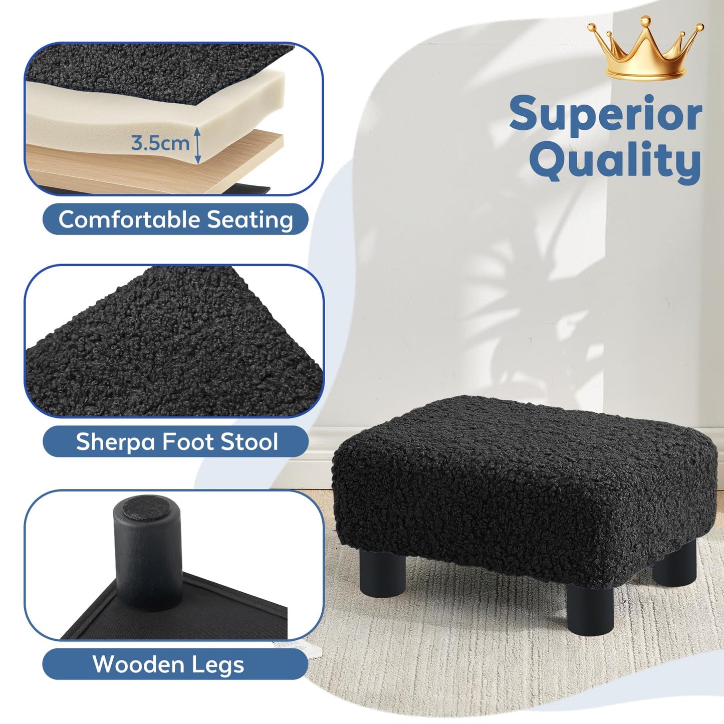 BRIAN & DANY Small Foot Stool Ottoman, Footstool with Legs, Sherpa Foot Rest for Couch, Foot Stools Small for Living Room, Bedroom and Office, Black