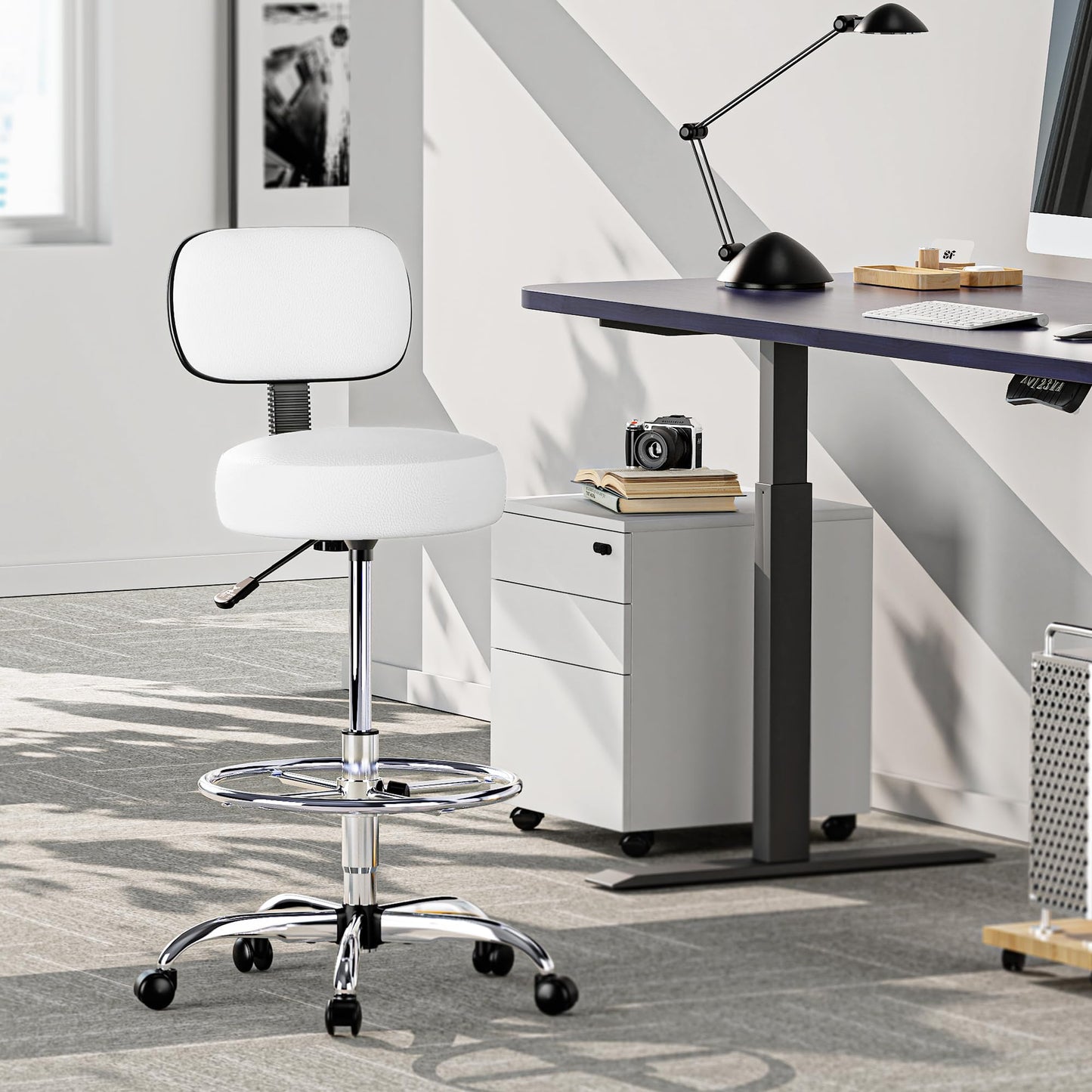 SUPERJARE Drafting Chair with Back, Adjustable Foot Rest Rolling Stool, Multi-Purpose Office Desk Chair, Thick Seat Cushion for Home Bar Kitchen Shop - White