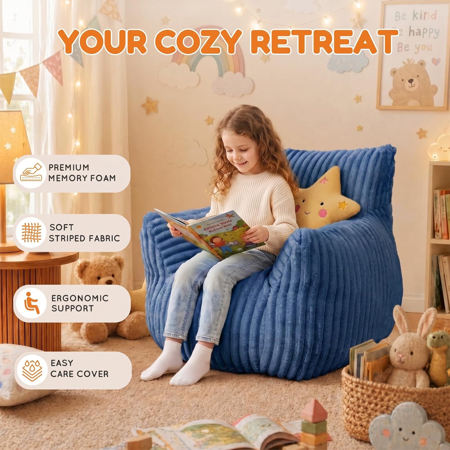 MaxiBean Bean Bag Chair - Plush Faux Fur Floor Seating Furniture Bean Bag Chair for Living Room, Bedroom, Playroom (2.5FT Stripe Blue)