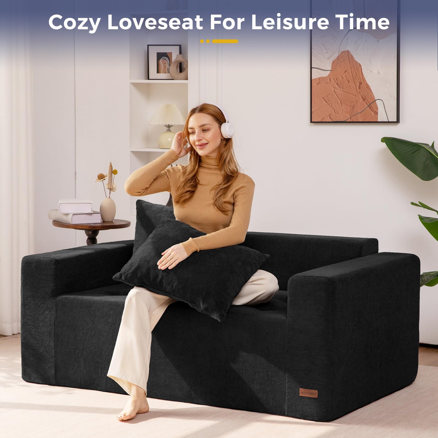 MAXYOYO Modular Sofa Couch, 61" Loveseat Boneless Cloud Couch with Deep Seat, Chenille Upholstered Living Room Comfy Sofa Chair for Living Room, No Assembly Required, Black