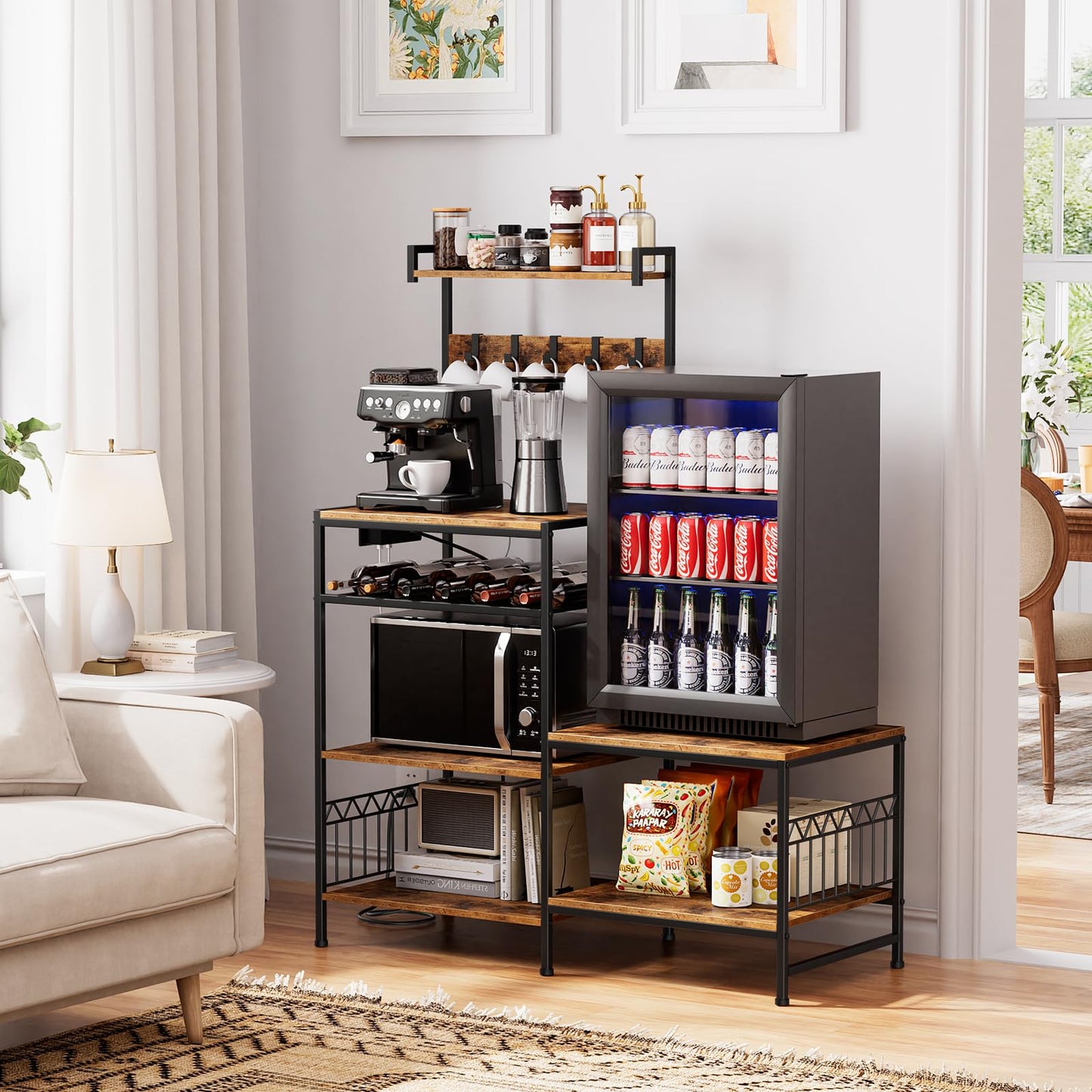 Portin Mini Fridge Stand Coffee Bar Cabinet with Power Outlet, Mini Fridge and Microwave Stand with S-Hooks, 7 Storage Shelf Rack for Dorm,Office - Kitchen Bakers Rack