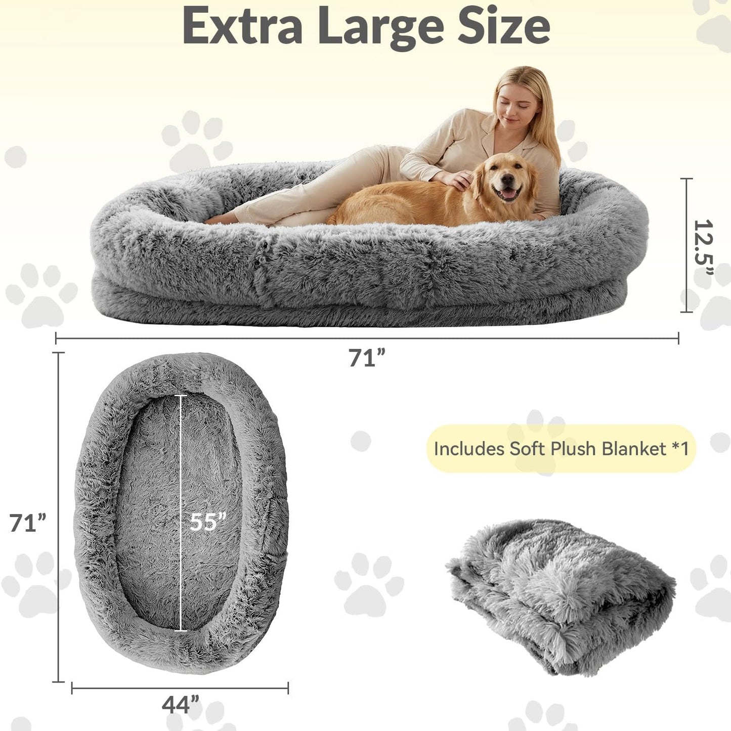 XL Human Dog Bed 71"x 44"x 12.5" Cozy Giant Floor Bed for Adults, Soft Faux Fur Human Sized Dog Bed with Washable Removable Cover, Side Pocket & Blanket, Black Grey