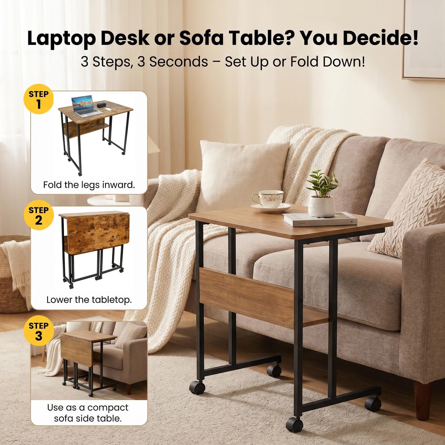 Windpost Mobile Foldable Desk w/Wheels and Feet Pads, Foldable Computer Desk, Folding Desk, Small Computer Desk for Small Spaces, Folding Table for Office Bedroom Living Room-Rustic Brown
