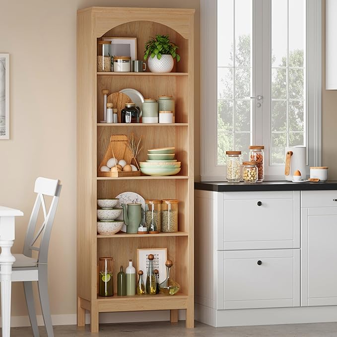 Arched Bookshelf with 5 Tier Open Shelves, Study and Living Room, Natural Oak