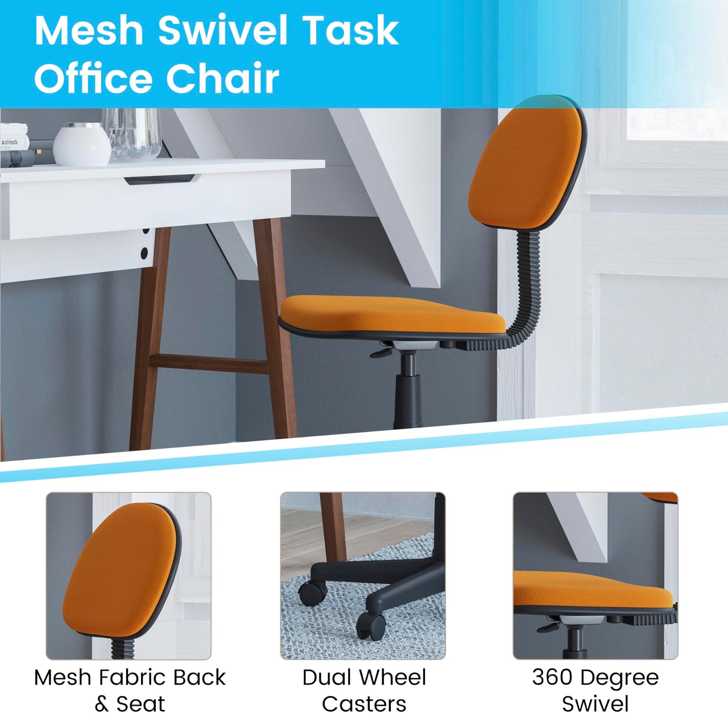 Flash Furniture Harry Low Back Swivel Task Office Chair - Adjustable Light Orange Student Chair with Padded Mesh Seat & Back - Homeschool Study Chair