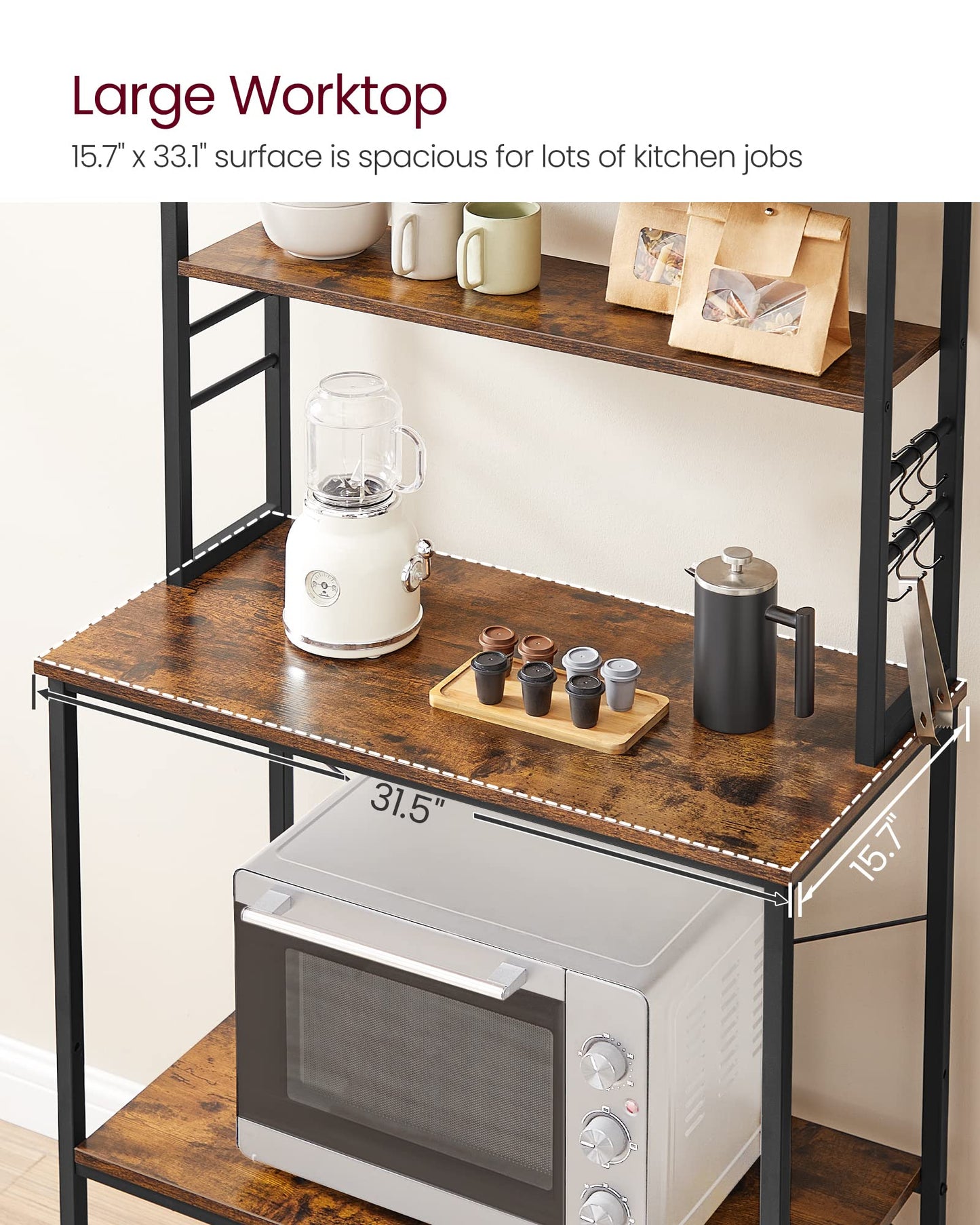VASAGLE Coffee Bar, 31.5 Inches Baker's Rack for Kitchen with Storage, 6-Tier Kitchen Shelves with 6 Hooks, Microwave Stand, Industrial, Rustic Brown and Ink Black UKKS019B01