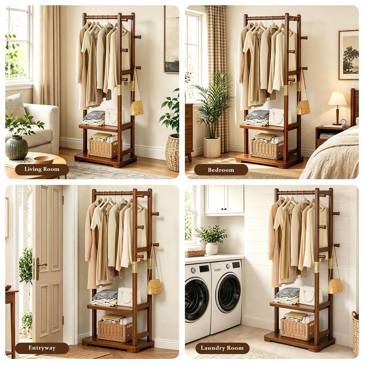 Taitiy Coat Rack Solid Wood Clothes Rack with 2 Shelves & 5 Hooks for Hanging Clothes Garment Wallets Hats, Clothing Rack Coat Rack Freestanding Hall Tree with Storage for Hallway Bedroom Living Room