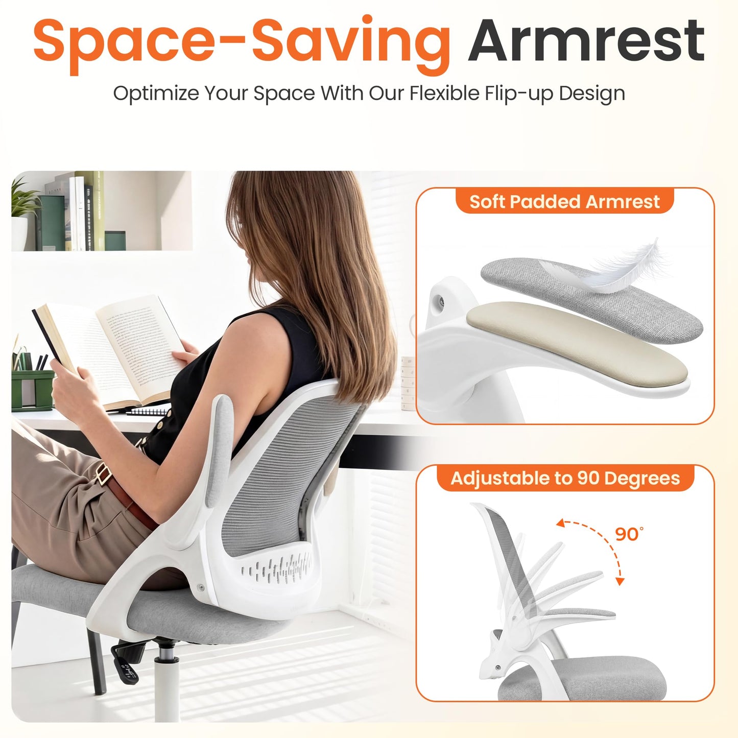 NEO CHAIR Office Chair Computer Desk Chair Ergonomic Gaming Comfy Mesh with Flip-up Arms Lumbar Support Adjustable Height Rolling Wheels for Home Office (Grey)