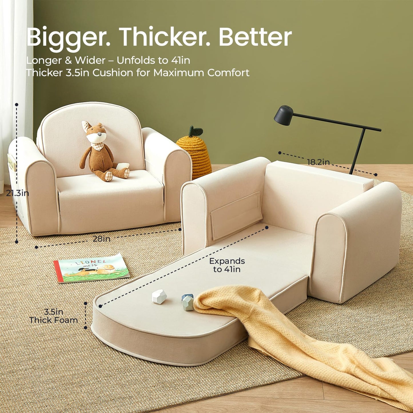 Tiny Land 2-in-1 Foldable Kids Couch with Pockets – Soft Thick Toddler Sofa, Convertible Kids Chair for Playroom, Bedroom or Living Room, Gift for Boys & Girls(Beige)