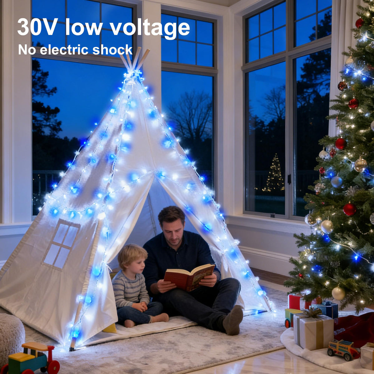 MYGOTO Led String Lights 500LED 165 ft Indoor/Outdoor Fairy String Lights 30V 8 Modes Christmas Lights for Home, Christmas Tree, Wedding Party, Room,Wall Decoration, Indoor&Outdoor(Blue+White)