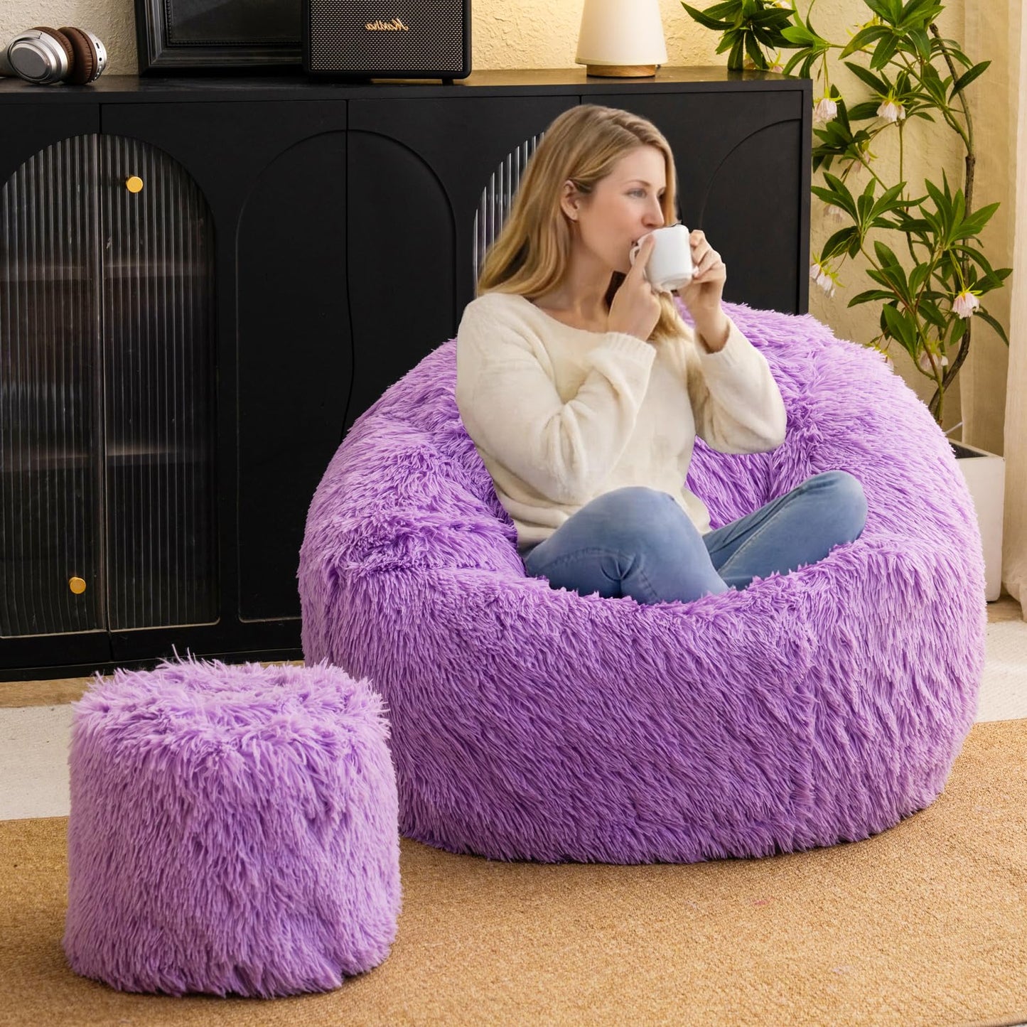 Lavender shaggy bean bag chair covers (No Filler), comfy Faux Fur Lavender bean bag chair Cover for bedroom, stuffed animal Storage, kids adults teens girls bean bag chairs, Anti-Slip