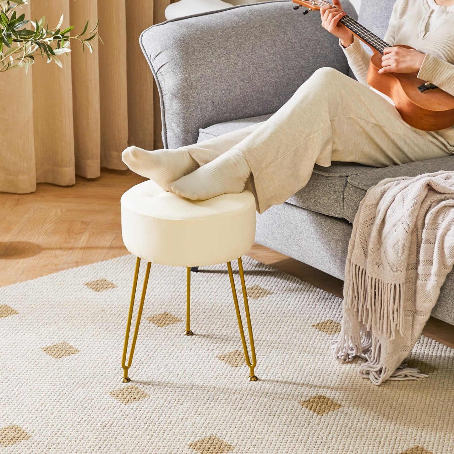 IBUYKE Faux Leather Round Footrest Stool, Makeup Vanity Stool Side Table, PU Dressing Table Seat, Pouf Couch Stool, Golden Steel Legs, White LG-31W