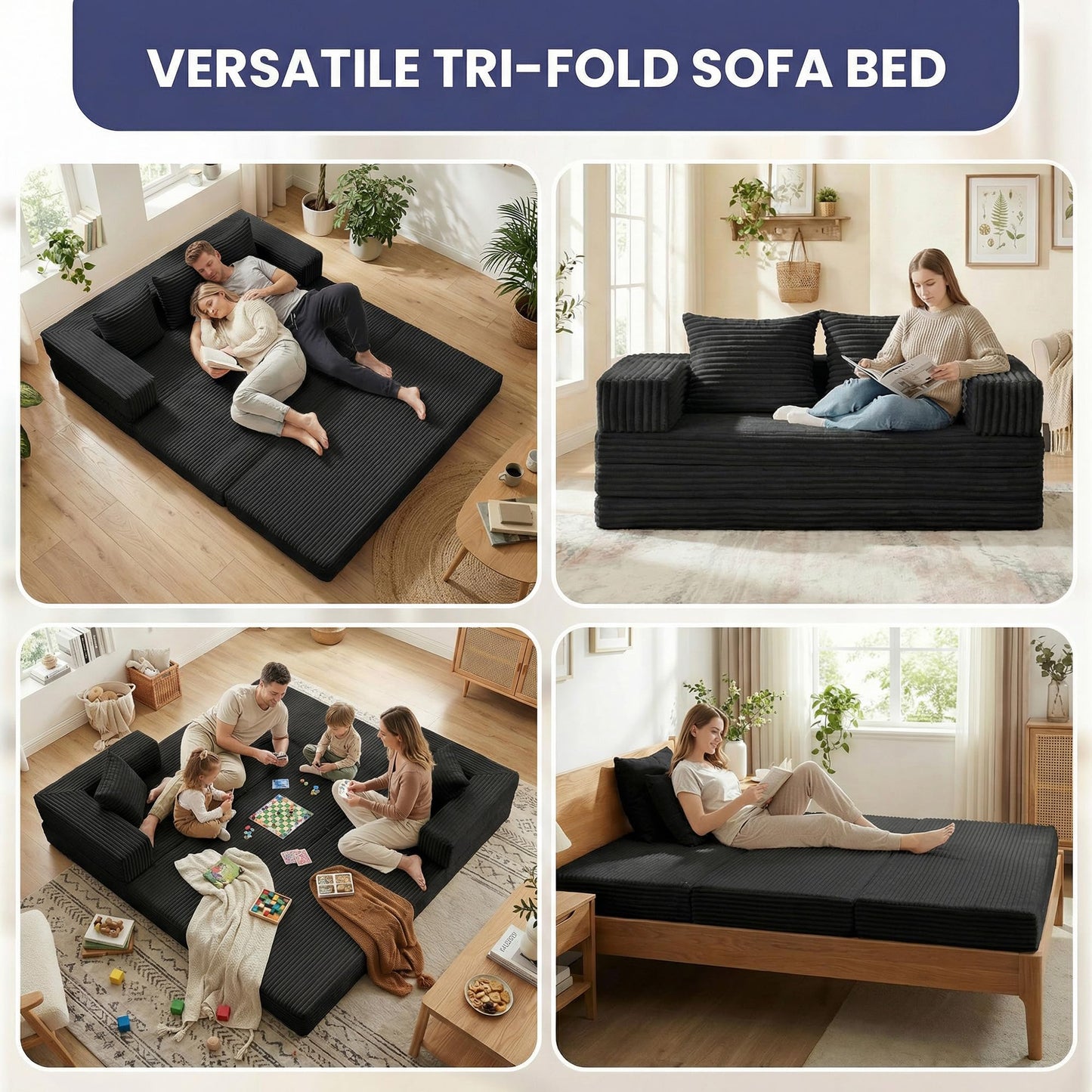 Winzoo Convertible Sofa Bed, 4-in-1 Boneless Loveseat with Removable Armrests Backrest, Corduroy Futon Couch Bed with Pillow, Foldable Mattress Sleeper Sofa for Living Room Bedroom Small Place (Black)