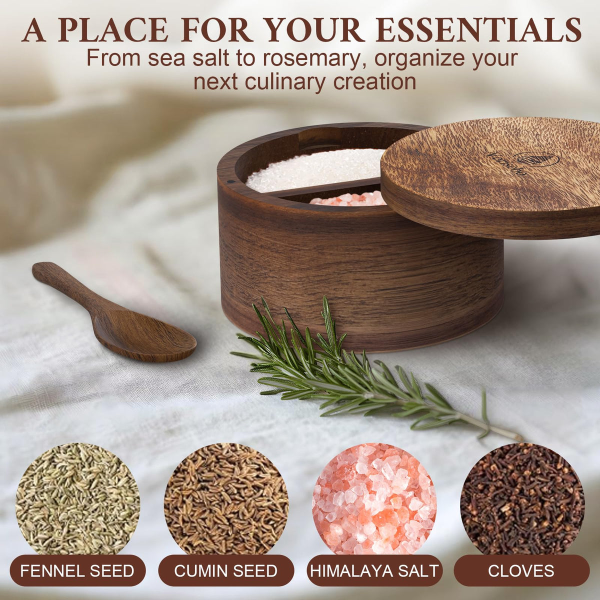 Vorisebo Acacia Wood Salt Container with Built-in Spoon, Elegant Salts Holder with Magnetic Swivel Lid, Salt Box for Kitchen to Storage Pepper, Spice or Favorite Seasonings, 5OZ (Two Compartments)