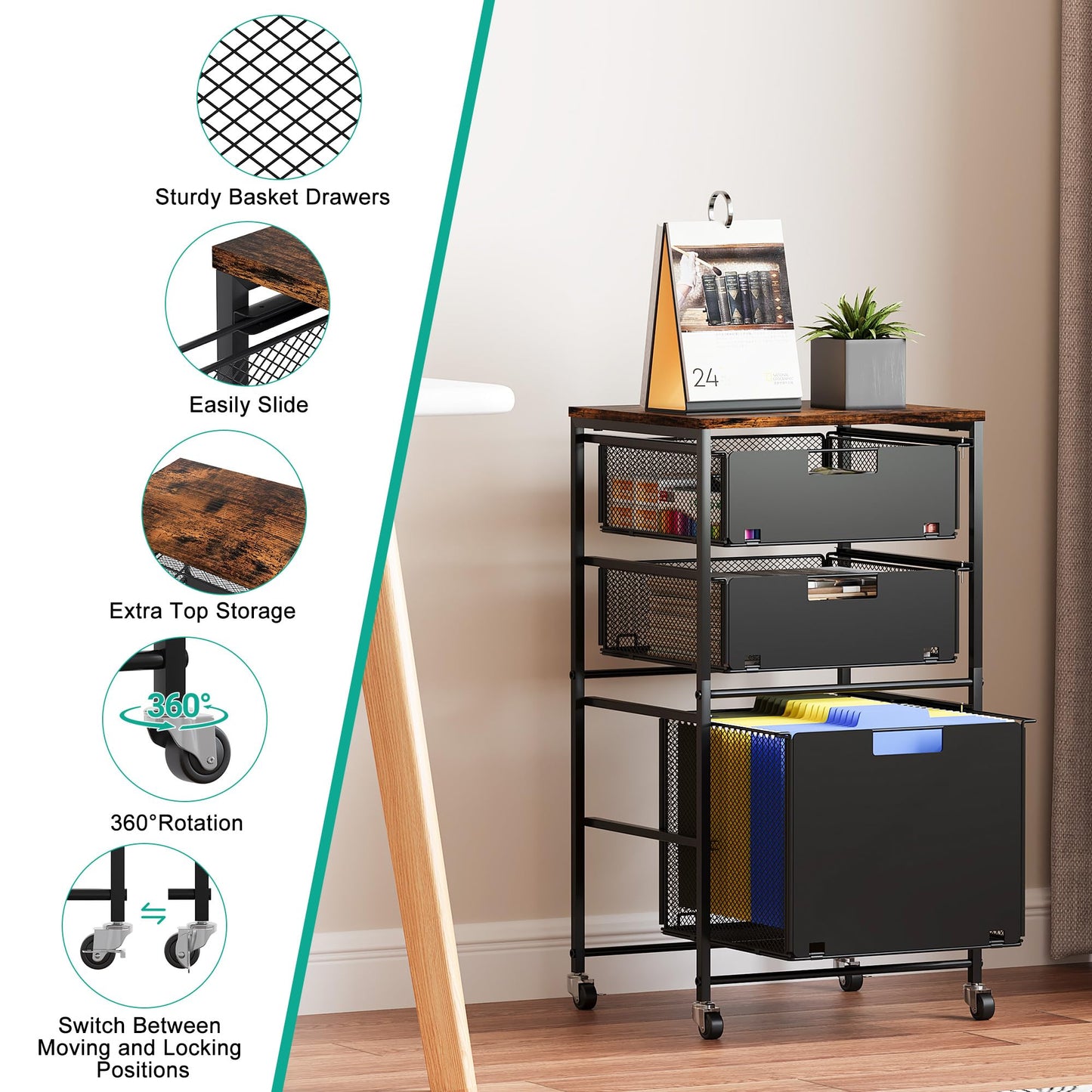 Solinxe 3-Drawer Storage Organizer, Under Desk Rolling File Cart with Lockable Wheels, Hanging File Folder Organizer for Letter Size, Utility Craft Cart Filing Cabinet for Home Office,Black