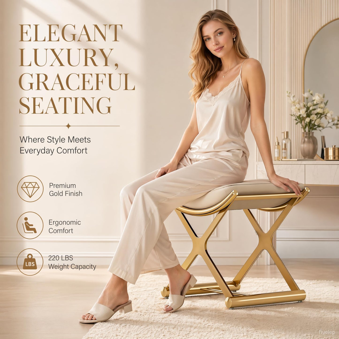 KUCKGO Modern Bathroom Vanity Stool Makeup Chair - Backless Leather Vanity Bench Seat with Metal X Legs, Small Ottoman Footstool for, Bedroom, Living Room, Dressing Room, Gold