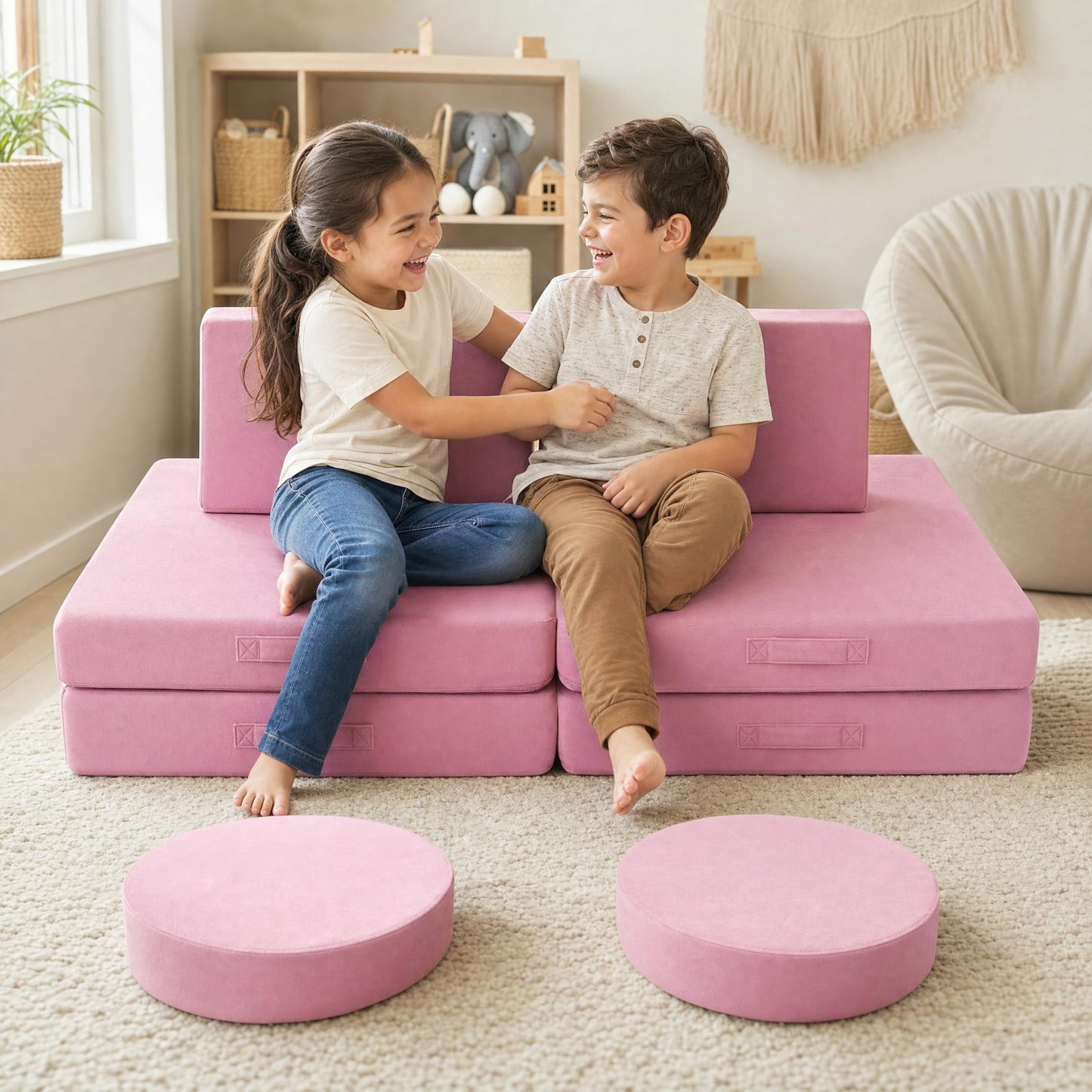MeMoreCool Kids Couch, Dusty Rose Modular Foam Play Couch, Ages 3+