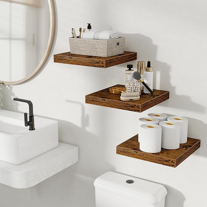 Fun Memories Floating Shelves for Wall, 12 Inch Set of 3 Rustic Wood Wall