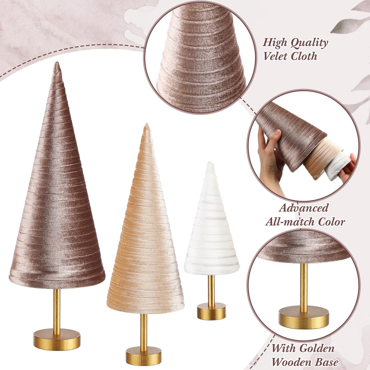Hoolerry 6 Pcs Christmas Velvet Trees with Gold Pedestal Christmas Velvet Cones Tree Mantel Decor Modern Rustic Winter Home Minimalist for Holiday Entryway Table Wedding Centerpiece(Gold Brown)