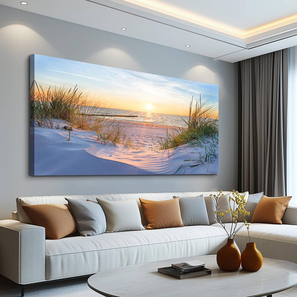 MHARTK66 Wall Decor for Living Room Large Canvas Wall Art for Bedroom Modern Office Pictures Blue Sun Beach Grass Ocean Landscape Paintings Canvas Art Prints Home Decorations