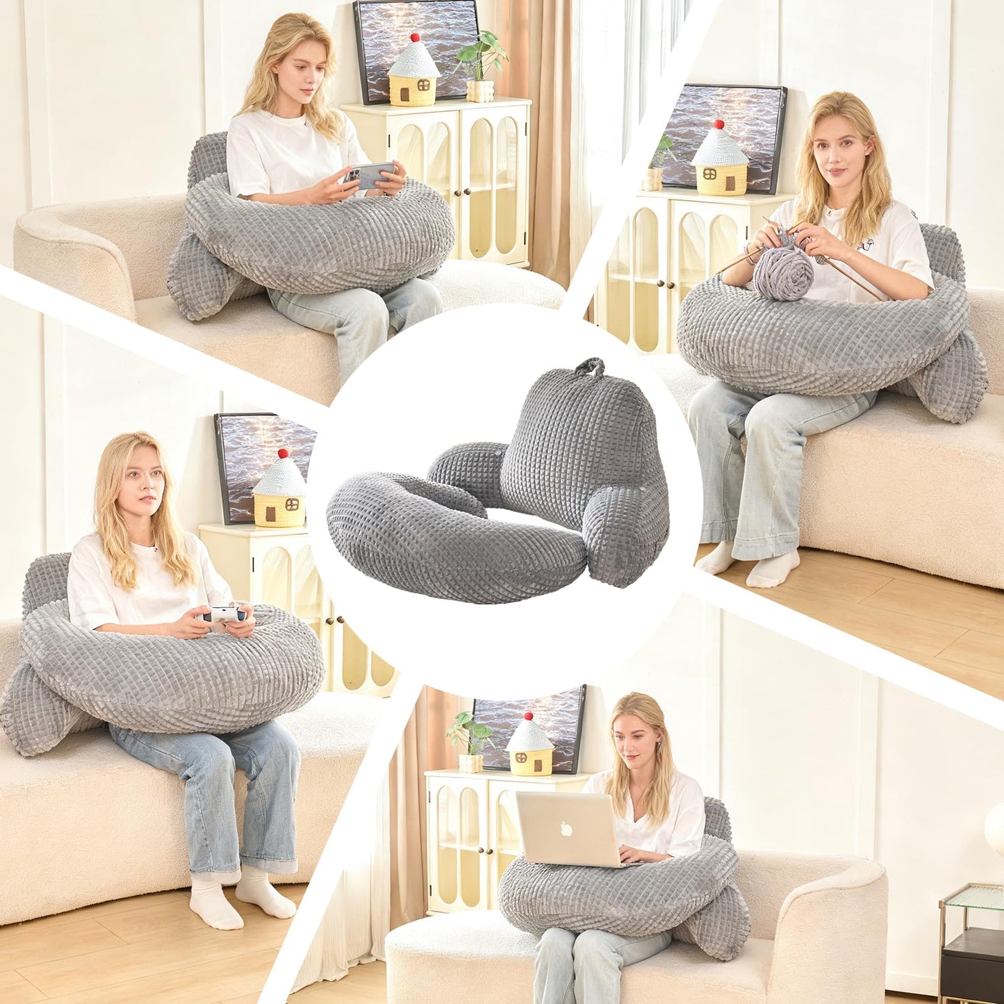 19" Reading Pillow for Bed,U Shaped Arm & Elbow Support,Gray Corduroy