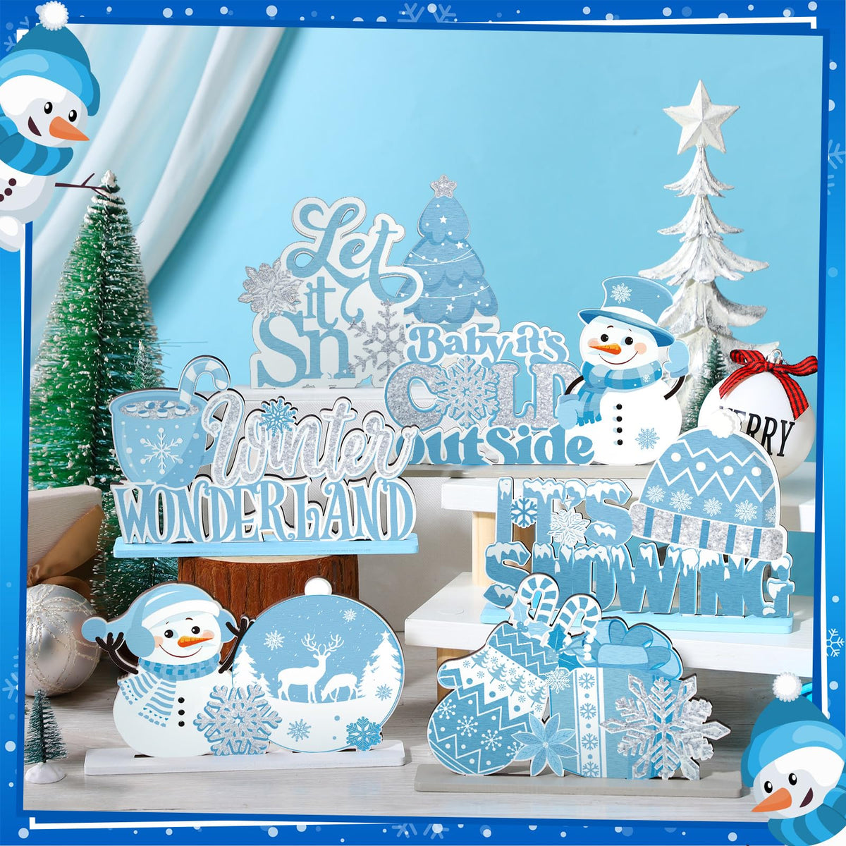 Wonderjune 6 Pcs Winter Wooden Table Decor Snowflake Snowman Wooden Centerpieces Wonderland Decor for Winter It's Snow Theme Xmas Birthday Baby is Cold Outside Party Supplies(Blue)