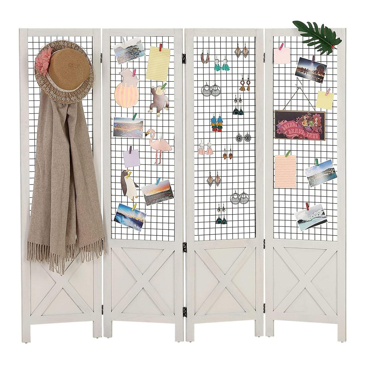Wnutrees 4 Panel Gridwall Display, Portable Freestanding Display Board for Craft/Art Shows, Retail, Events, Decorative Wood Room Divider Folding Screens, White