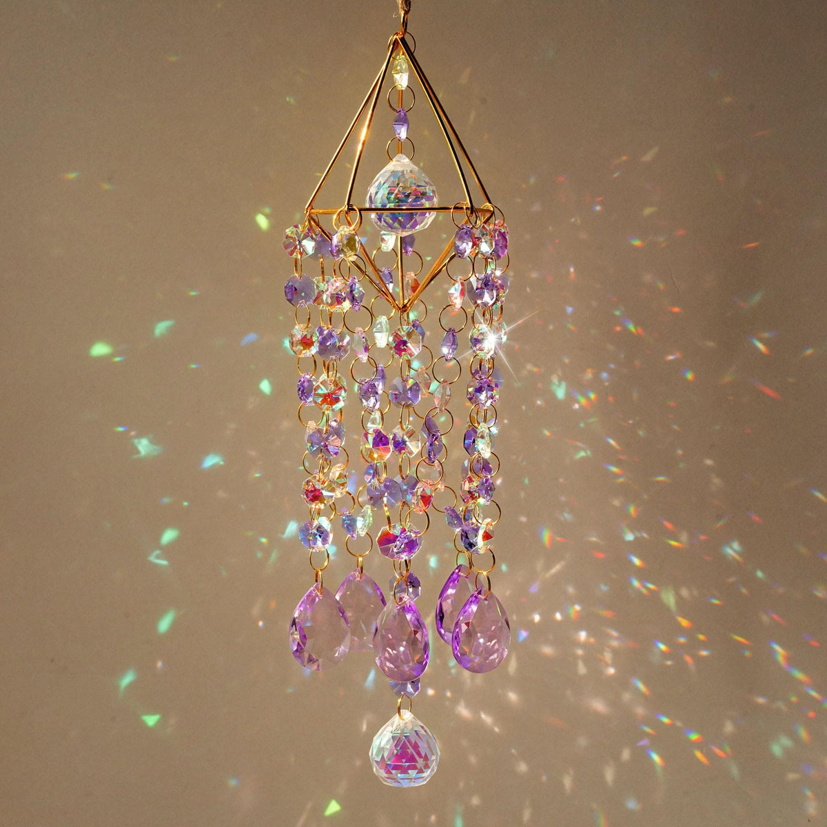 HDCRYSTALGIFTS 21.5inch Crystal Prisms Suncatcher for Window Hanging, Rainbow Maker Crystal Sun Catcher Indoor Window Glass Wind Chimes Home Garden Decor, Purple