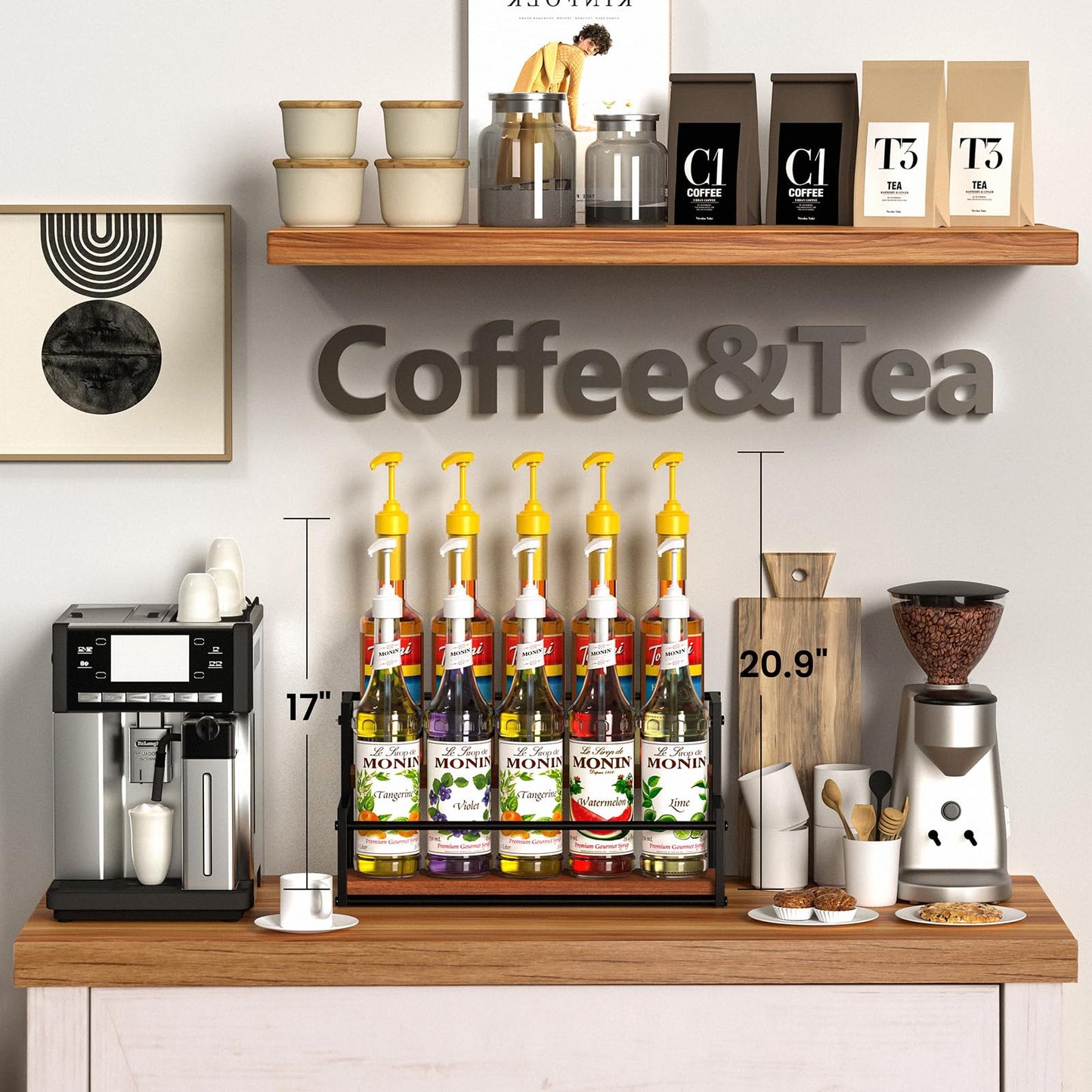 THYGIFTREE Coffee Syrup Rack Organizer 2-Tier 10 Syrup Bottles Holder Stand Metal with Wood Base for Coffee Bar Storage Shelves for Kitchen Countertop Matte Black