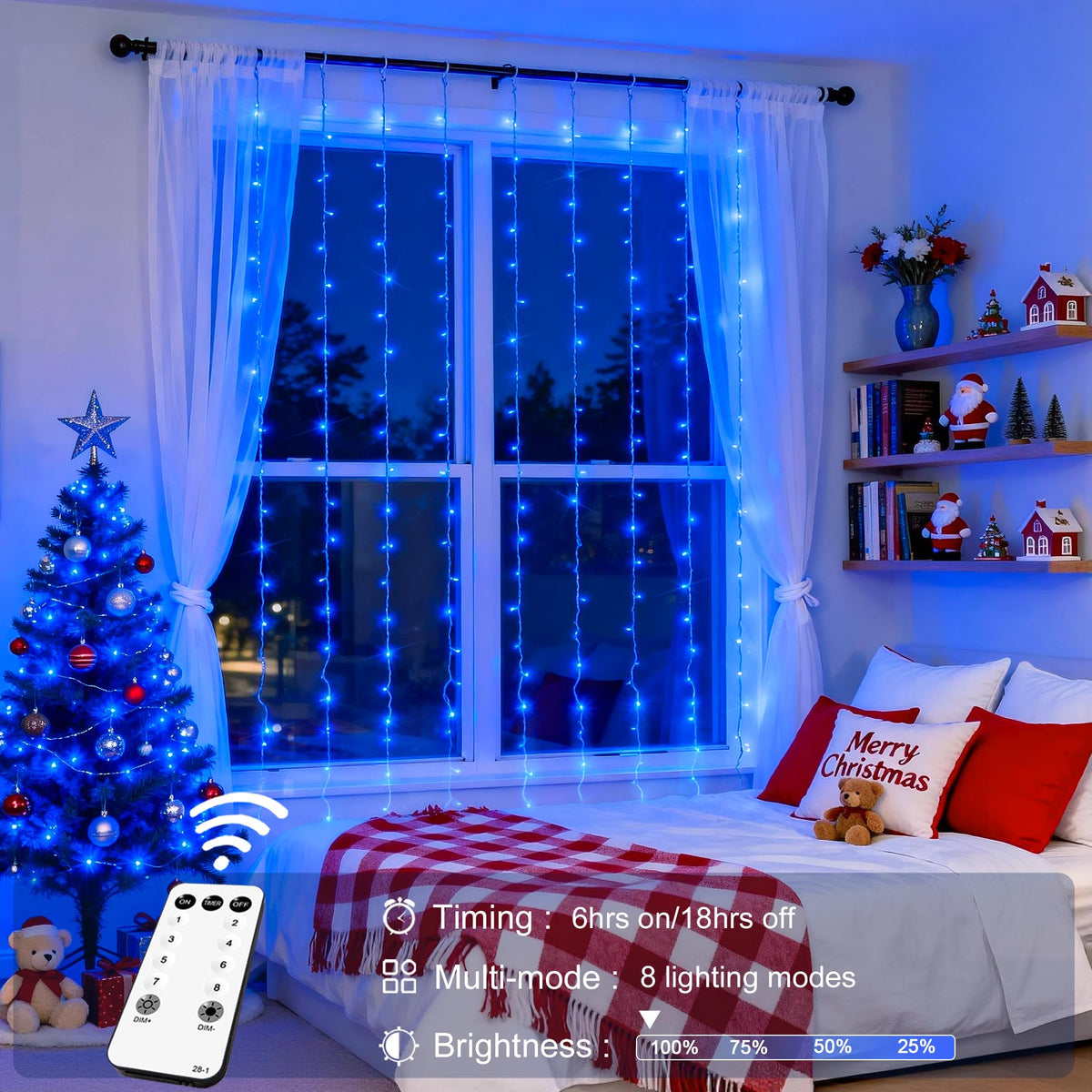 JMEXSUSS 300LED Blue Curtain Lights, Christmas Lights with Remote, Hanging String Lights for Bedroom Wall Window Backdrop Garden Indoor Outdoor Patio Yard Decorations, 9.8x9.8ft