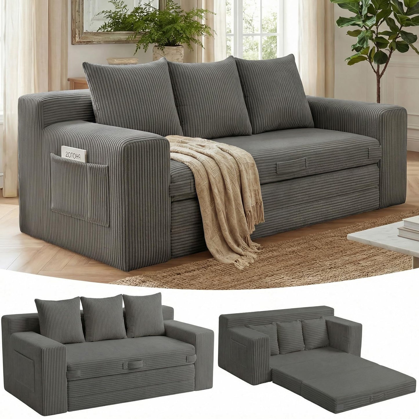 Boneless Couch,3 Seater Boneless Couch Bed – 3-in-1 Convertible Sleeper Sofa with Side Pockets & Handle,Pull Out Corduroy Futon for Small Space,Living Room & Bedroom, 3 Pillows Included,No Assembly