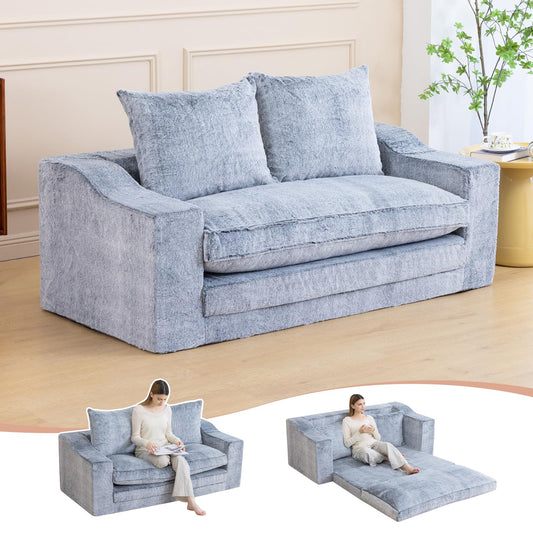 61" Convertible Sofa Bed Loveseat, Memory Foam Boneless Floor Couch with Removable Faux Fur Cover, Tri-folding Compact Full-size Sleeper for Small Living Room, Playroom, Guest Room, RV (White-on-Grey)