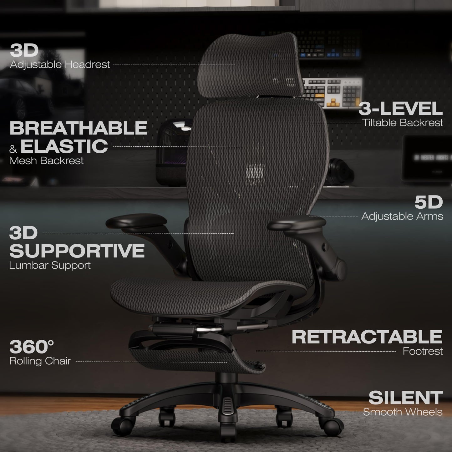 ELABEST X100 Ergonomic Mesh Office Chair with Footrest, Big and Tall Home Desk Chair with 5D Flip-Up Arms, Adjustable 3D Lumbar Support, Gaming & Executive Computer Chair, Night Reaper