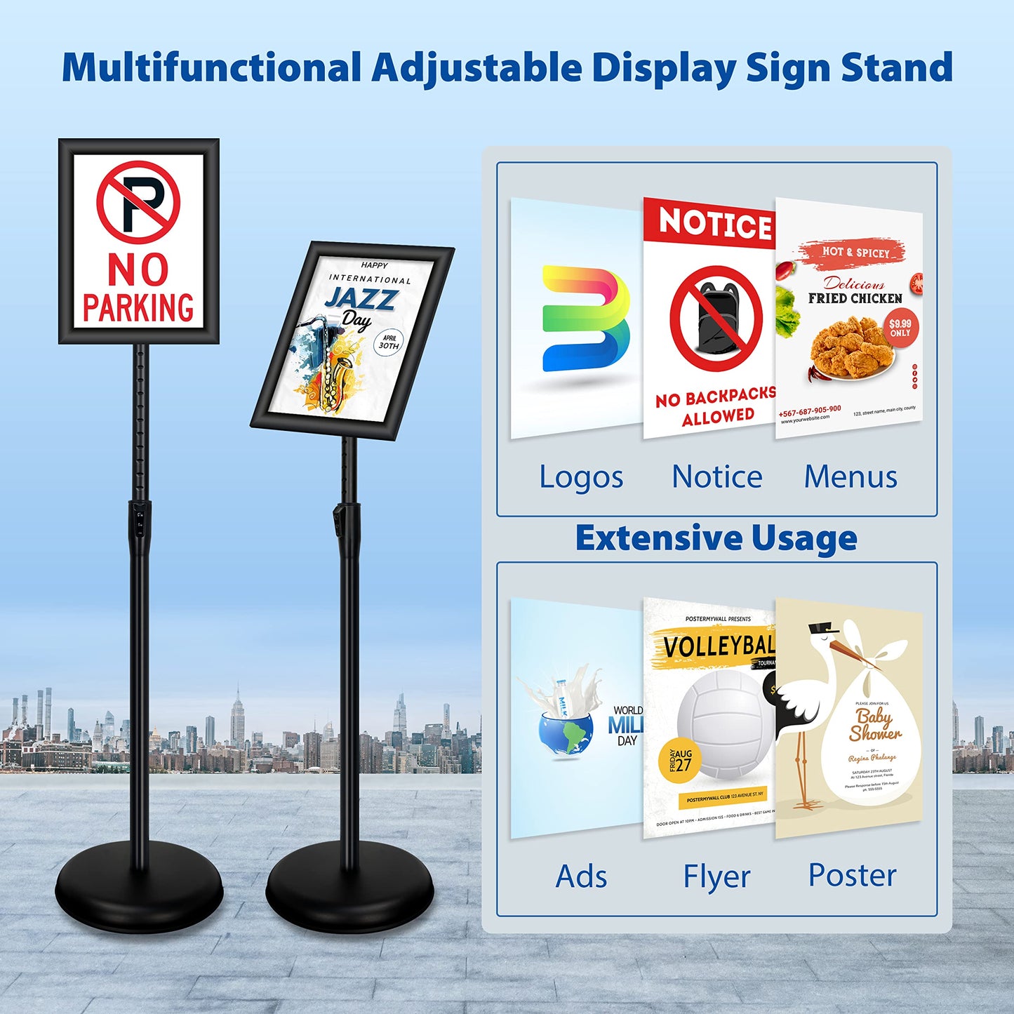 VAIIGO 6Packs 8.5x11 Inch Adjustable Pedestal Poster Sign Stand, Heavy Duty Floor Standing Sign Holder Stand Aluminum Snap Open Frame for Vertical and Horizontal View Sign Displayed(Black)