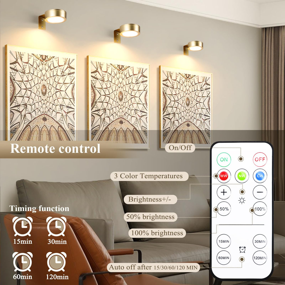 KELUOLY 4-Pack Picture Light Battery Operated Painting Lights for Wall, Magnetic LED Display Art Light with Remote, Dimmable and Timer Portrait Light for Art Frame Artworking, Wall Decor Puck Light