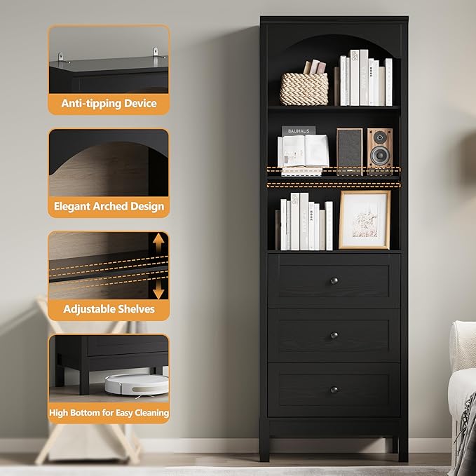 Bookshelf with Drawers, Floor Standing Display Storage Cabinet