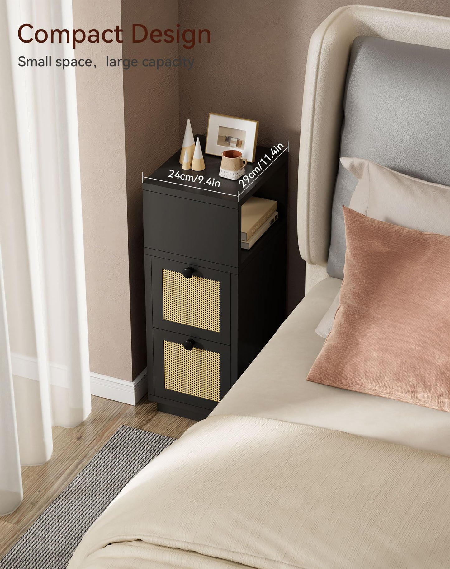 YMYNY Rattan Nightstands Set of 2, Boho Bedside Table with Open Shelf, 2 Drawers, 9.45" x 11.42" x 25.59", Narrow Side Table, Bedside Cabinet for Bedroom and Small Spaces, Black UHST017B-2